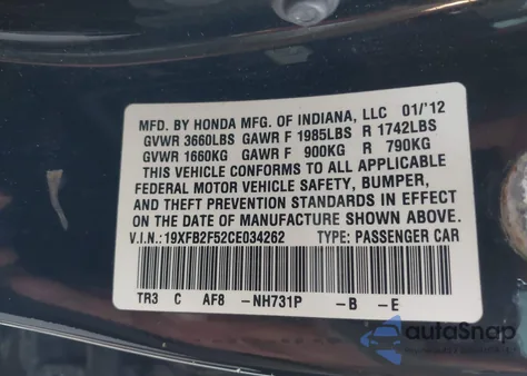 2012 Honda Civic Lx из США, поврежденный, VIN 19XFB2F52CE034262